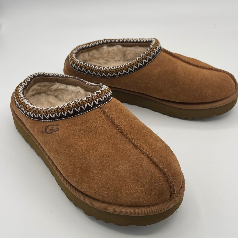 UGG Tasman Suede Slippers Chestnut Brown Embroidered Braid Sz9 40